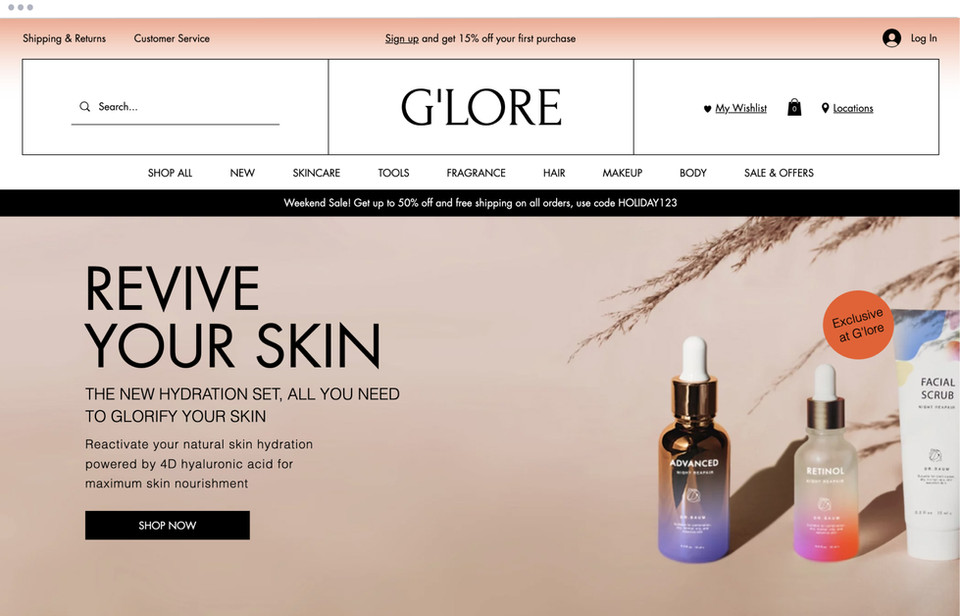 Website for homepage skincare brand.